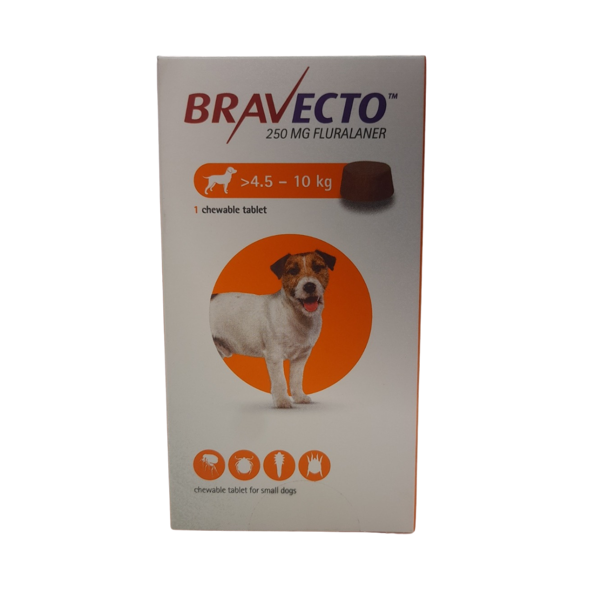 Bravecto packaging for small dogs with a dog illustration on a white background