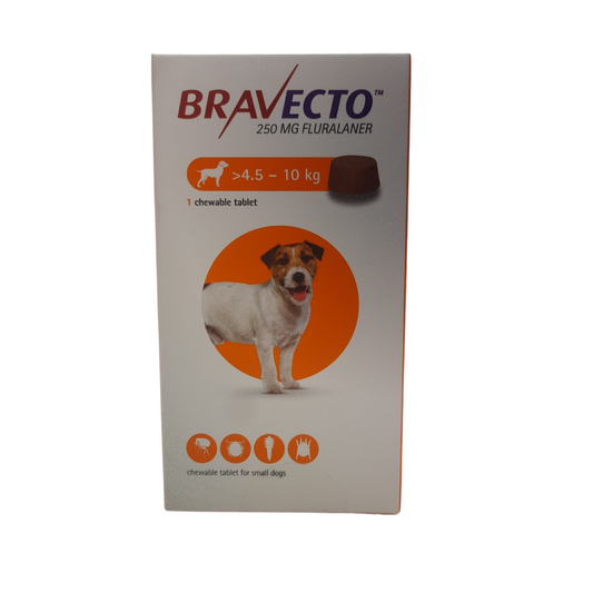 Bravecto packaging for small dogs with a dog illustration on a white background