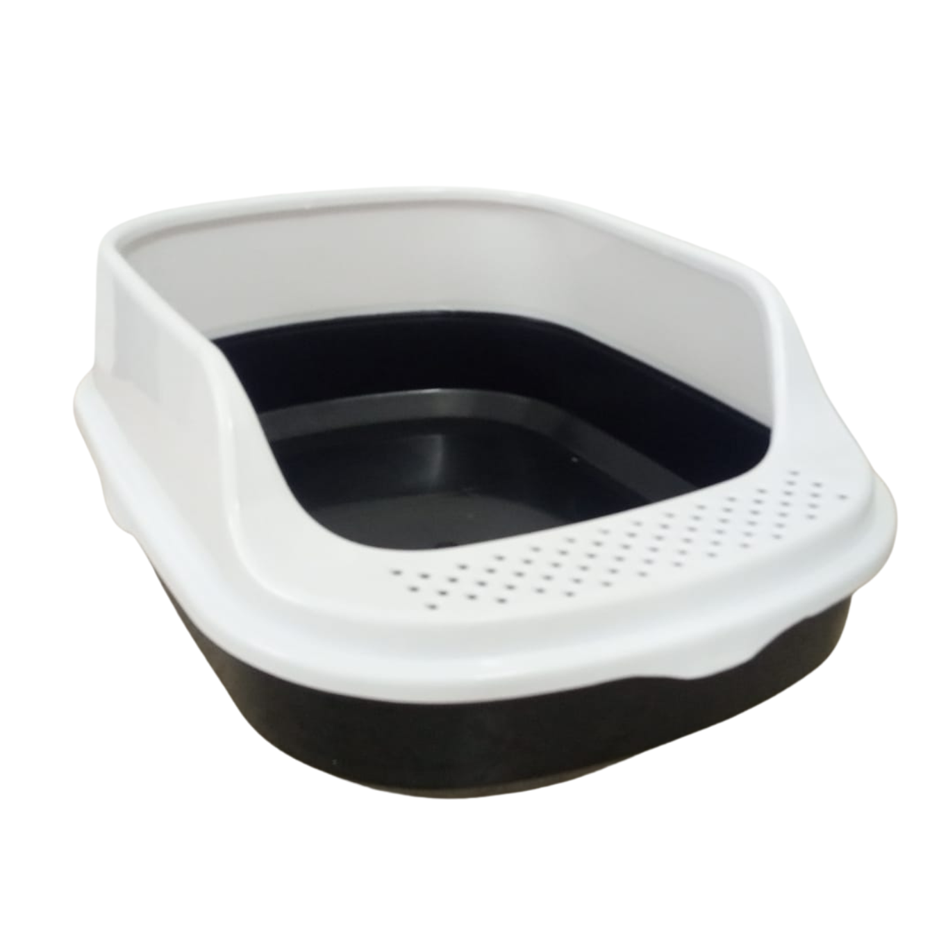 White and black pet litter box on a white background