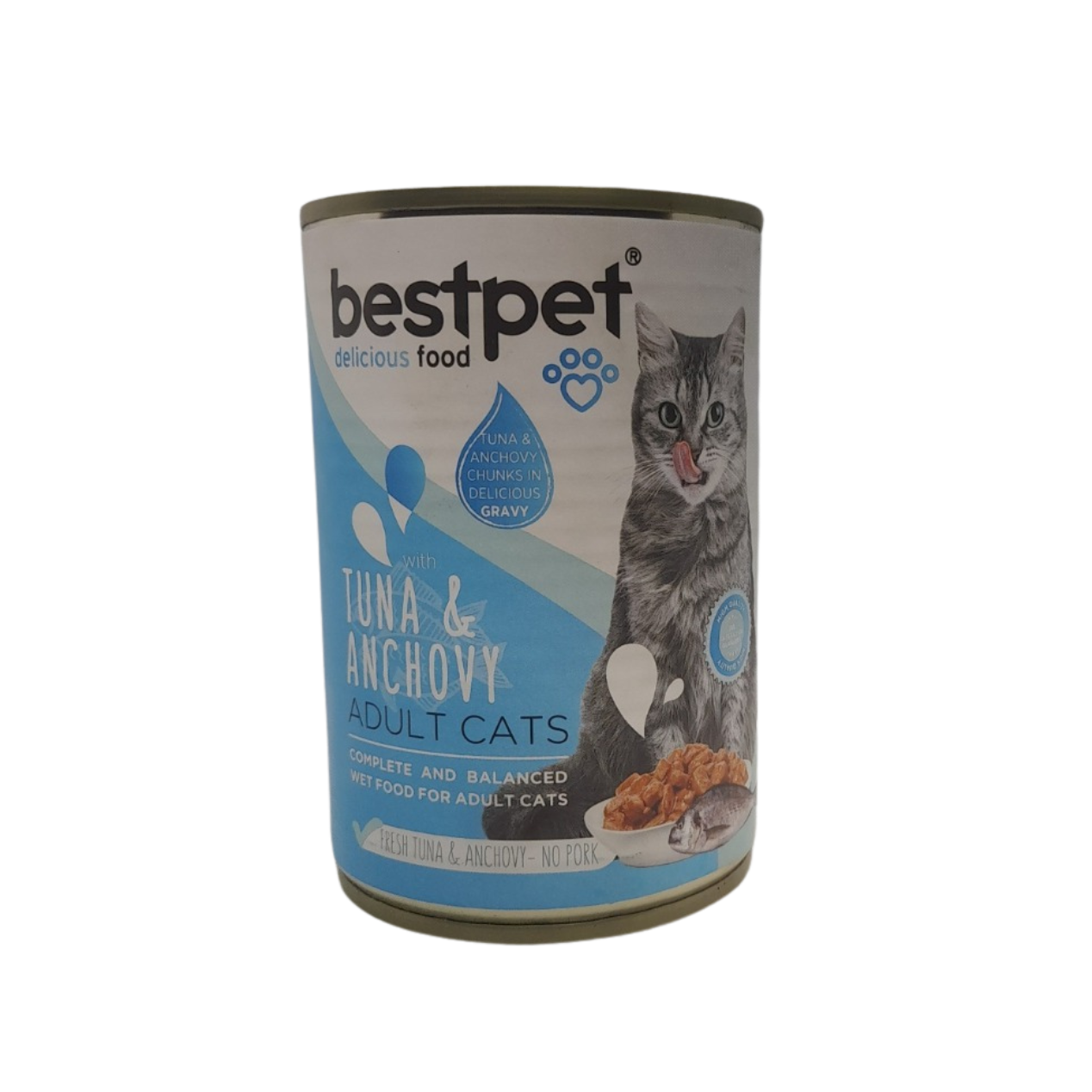 Can of Bestpet tuna and anchovy cat food on a white background