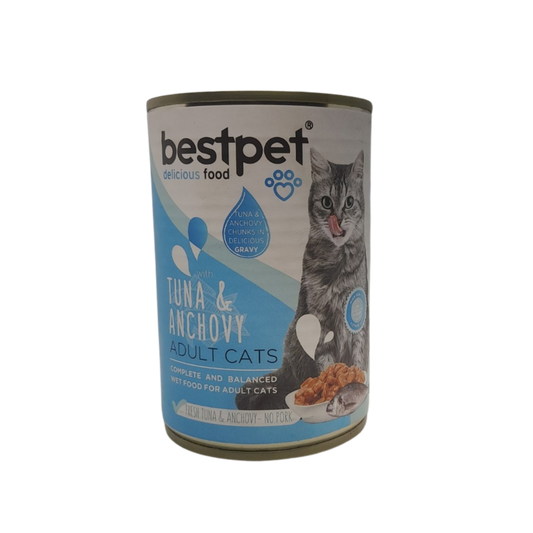 Can of Bestpet tuna and anchovy cat food on a white background