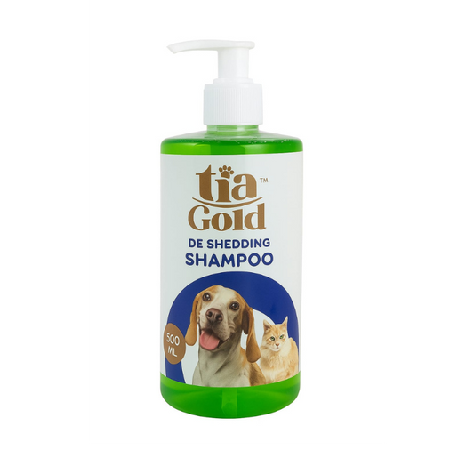 Tia Gold de shedding shampoo bottle with a dog and cat on the label against a white background