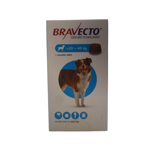 Bravecto packaging for dogs with a dog illustration on a white background