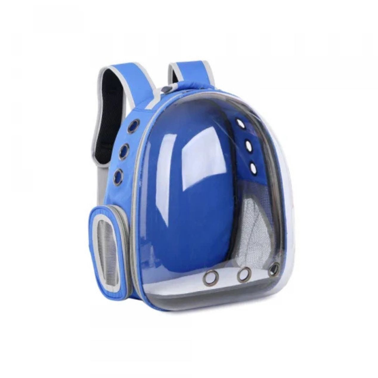 Blue pet carrier backpack on a white background