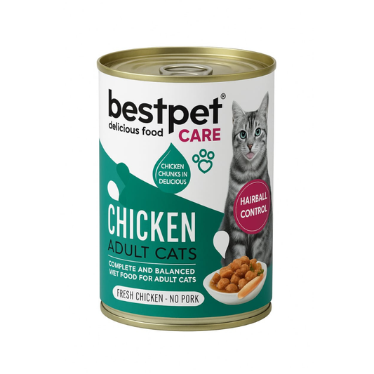 Can of BestPet Care chicken adult cat food on a white background