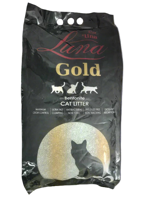 A package of Luna Gold clumping cat litter with a picture of a cat and the product name displayed