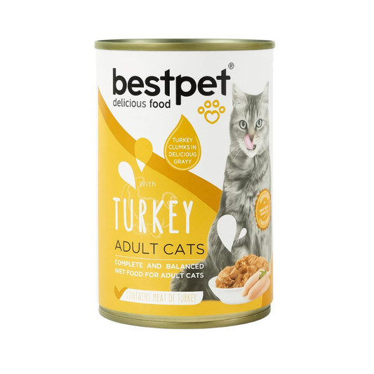 Can of BestPet cat food with a gray cat illustration on a white background