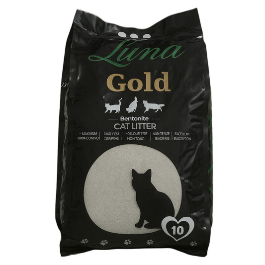 Bag of Luna Gold cat litter with black and white design on a white background