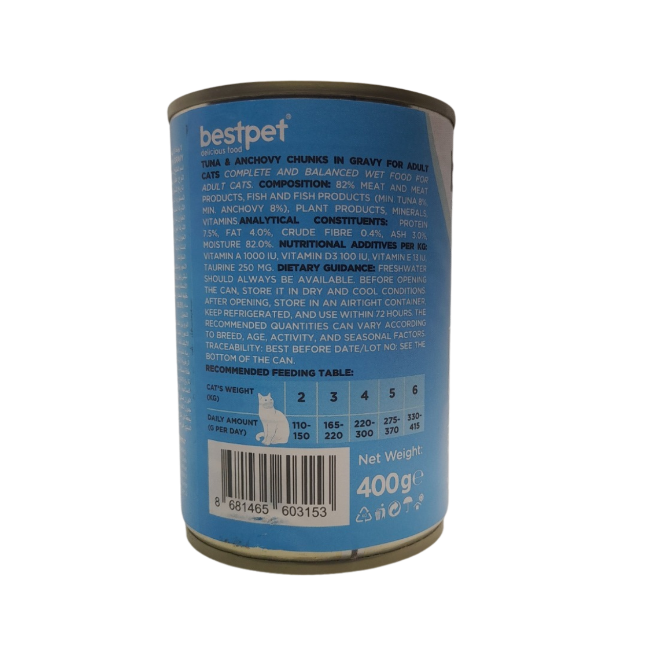 Back of a can of Bestpet cat food with blue label