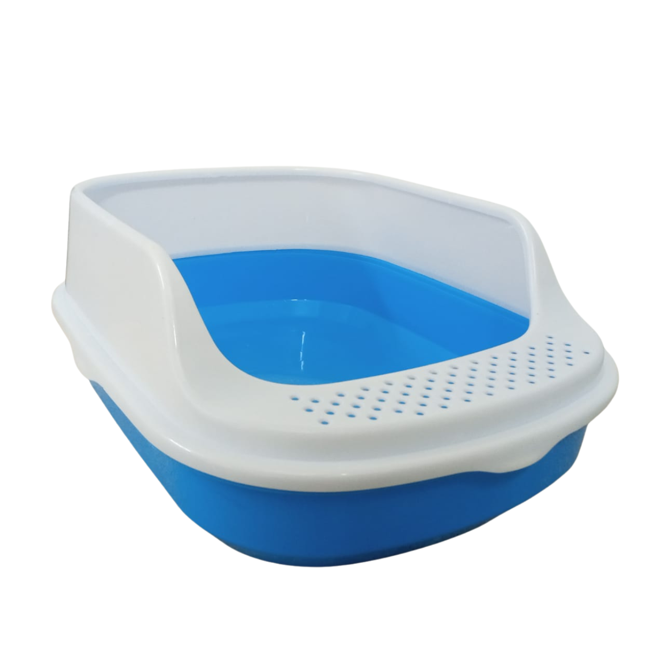 Blue and white plastic pet litter box on a white background