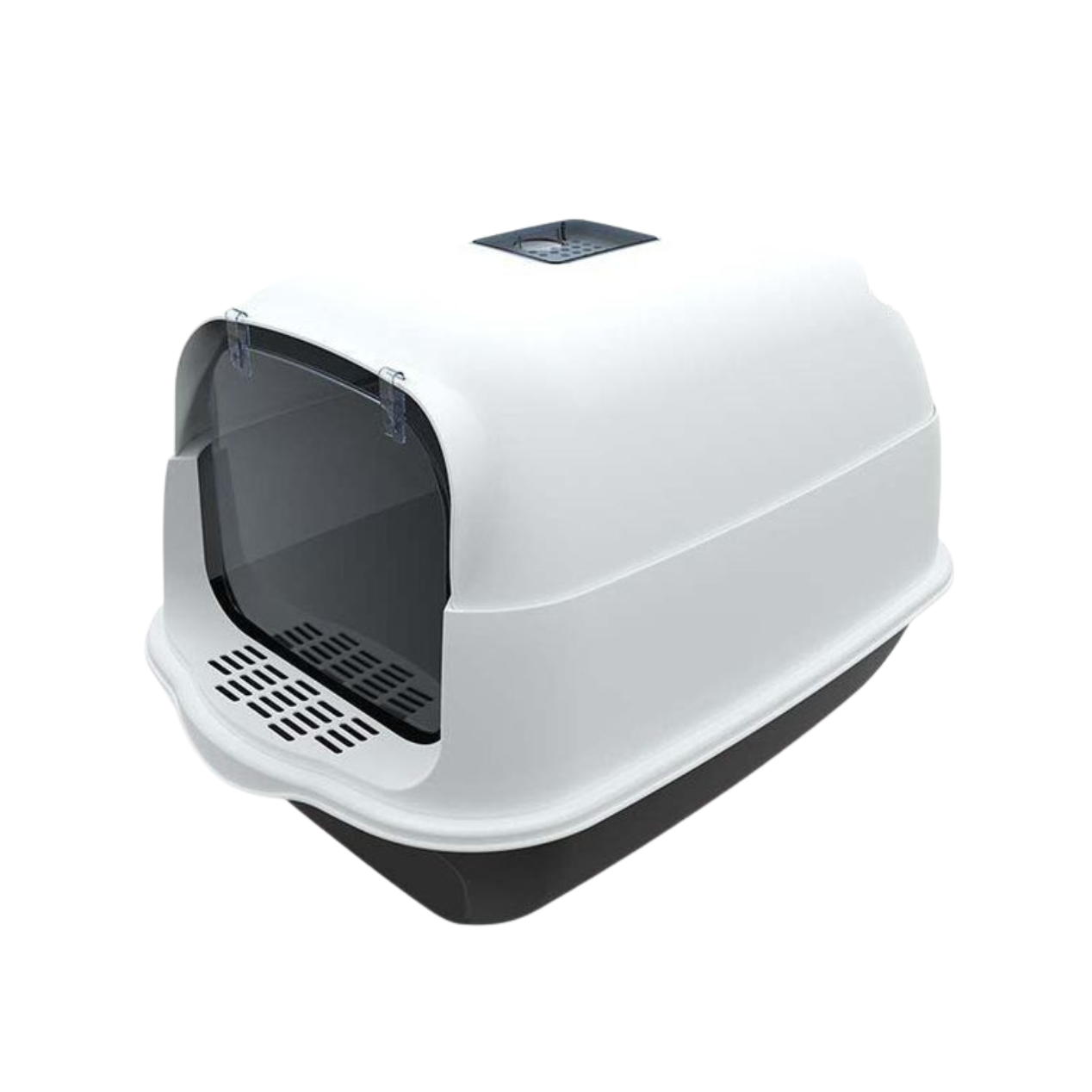 Pet litter box with a transparent lid on a white background
