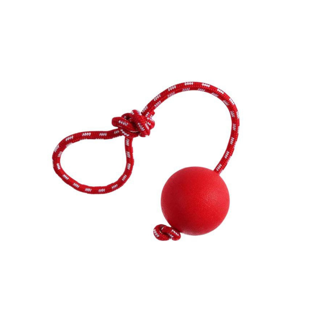 Red dog toy with a rope on a white background