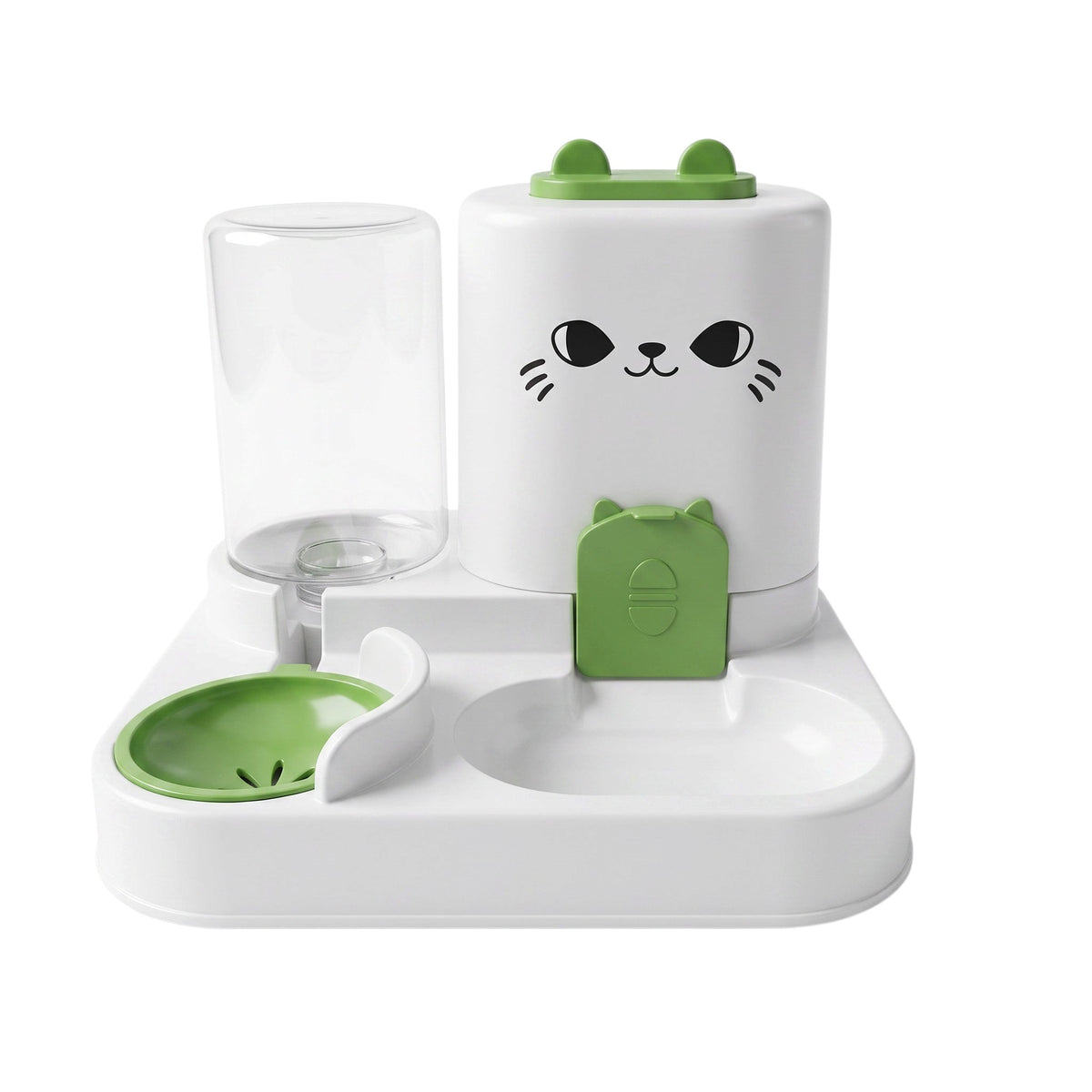 PetFriend white and green cat food and water dispenser bowl with a cute smiley cat face design