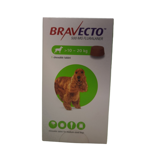 Bravecto packaging for dogs with a size range of 10-20 kg on a white background