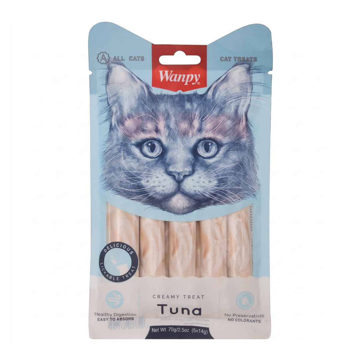 PetFriend Wanpy creamy tuna cat treats in a 5-pack pouch with a cat illustration on the front