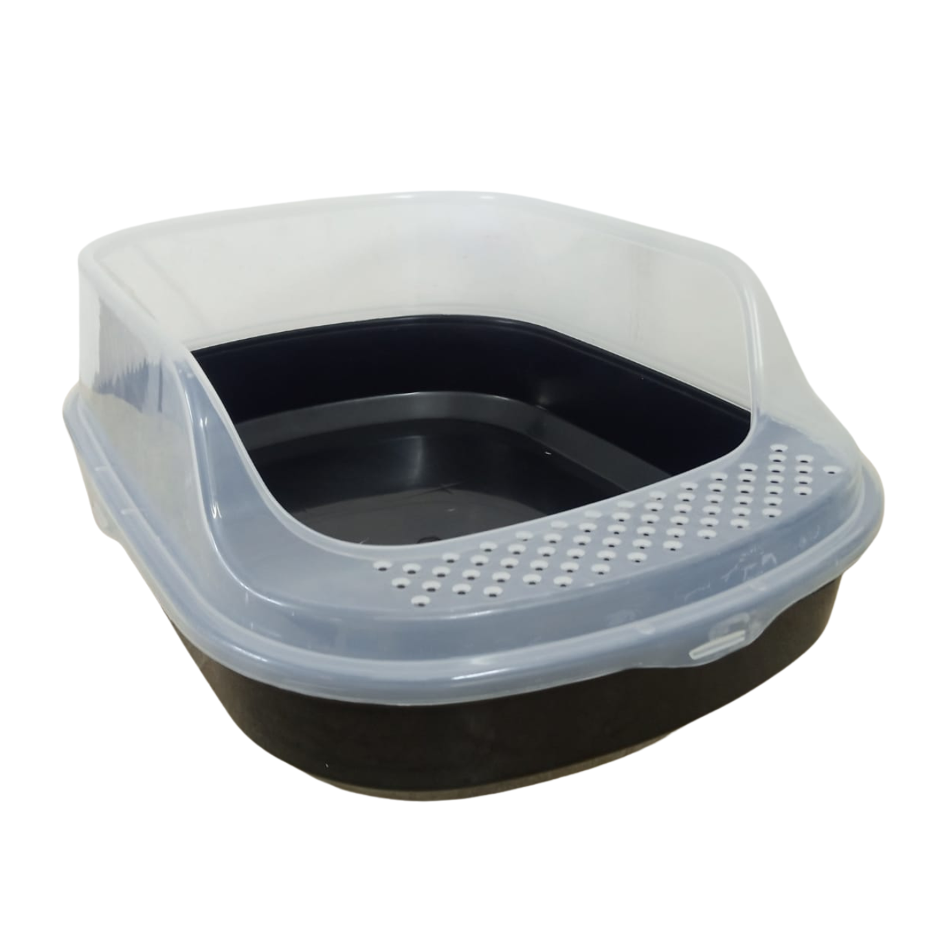 Cat litter box with a transparent plastic top on a white background