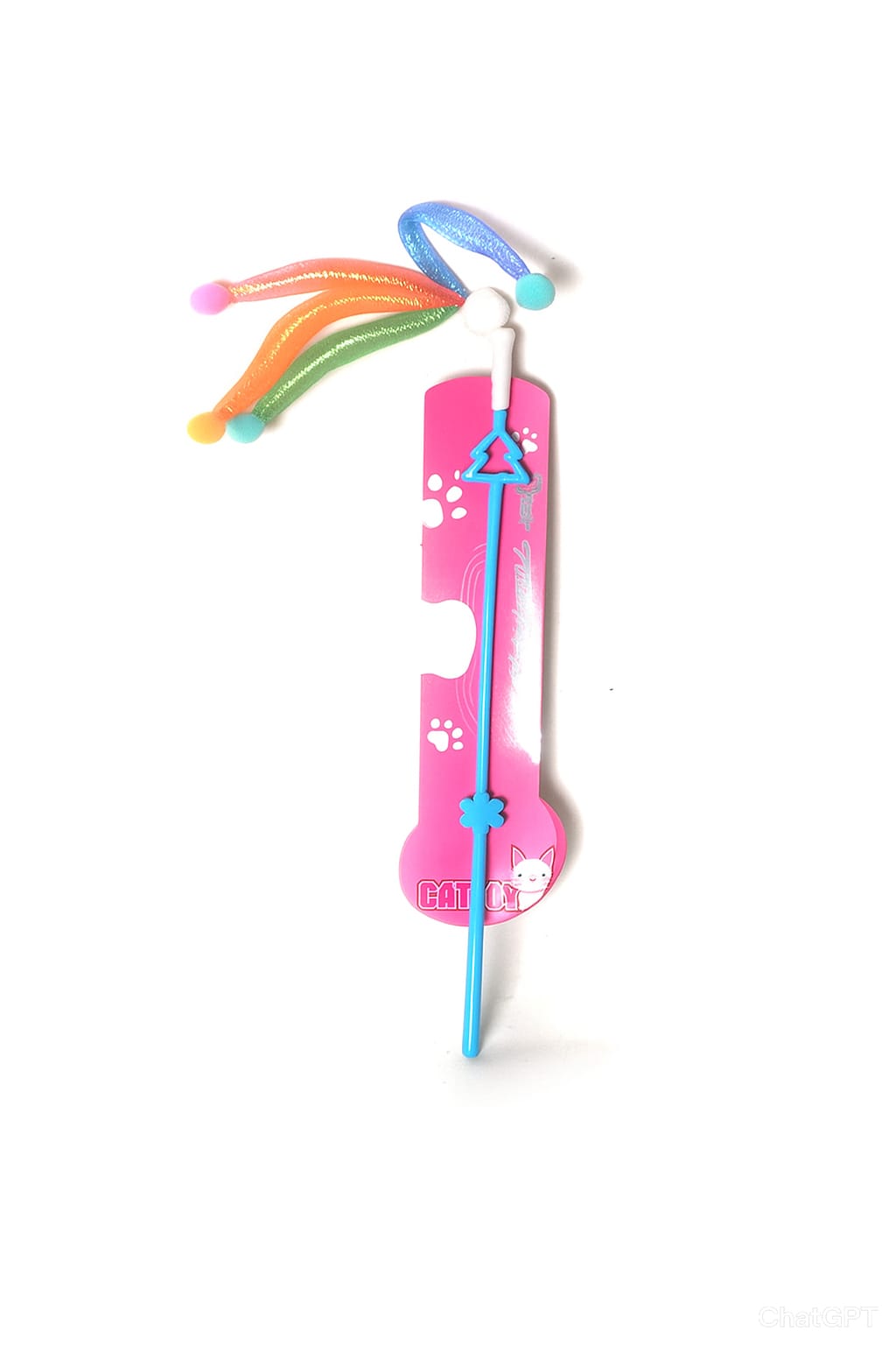 Colorful hair tie with a pink holder on a white background