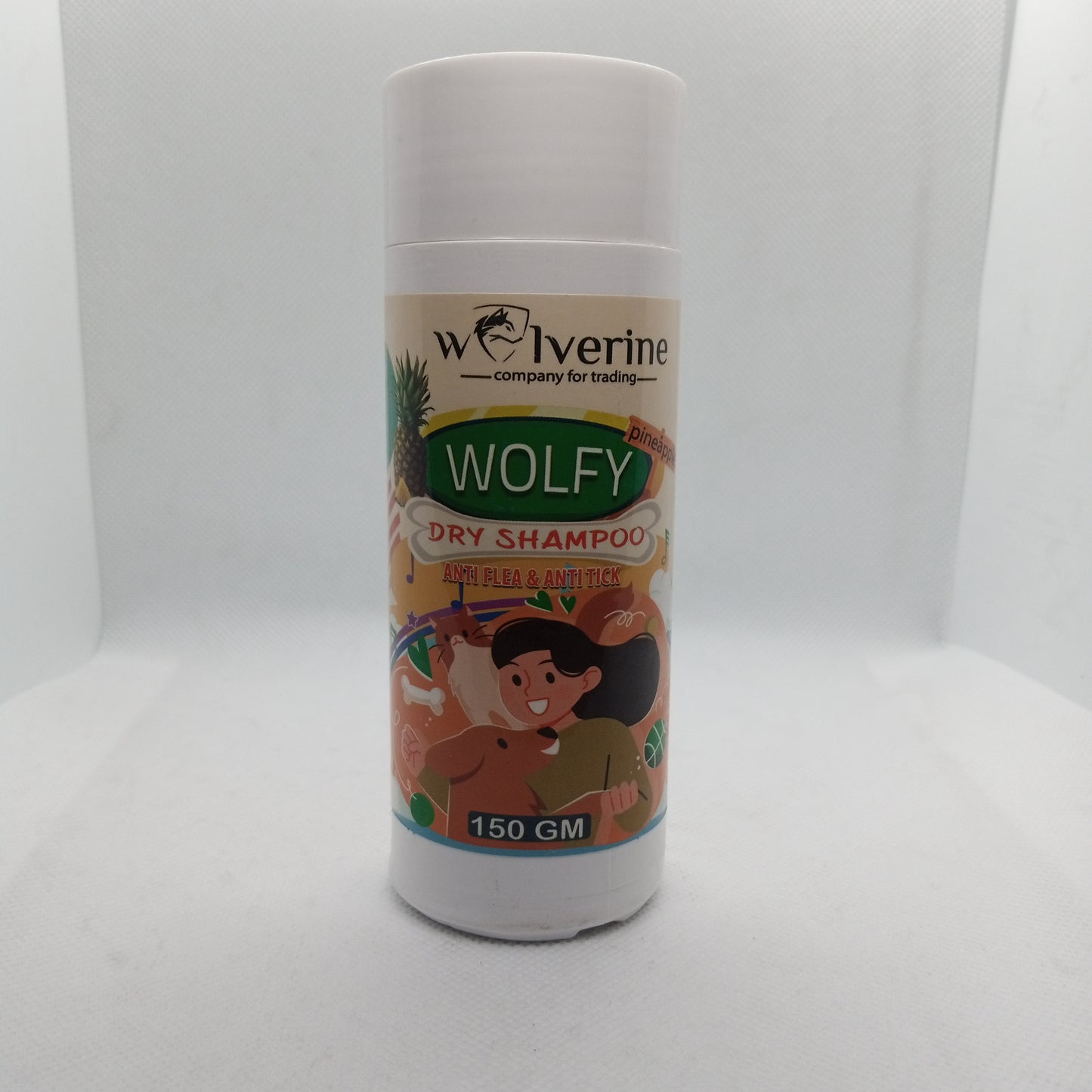 Wolfy dry shampoo bottle with colorful label on a white background
