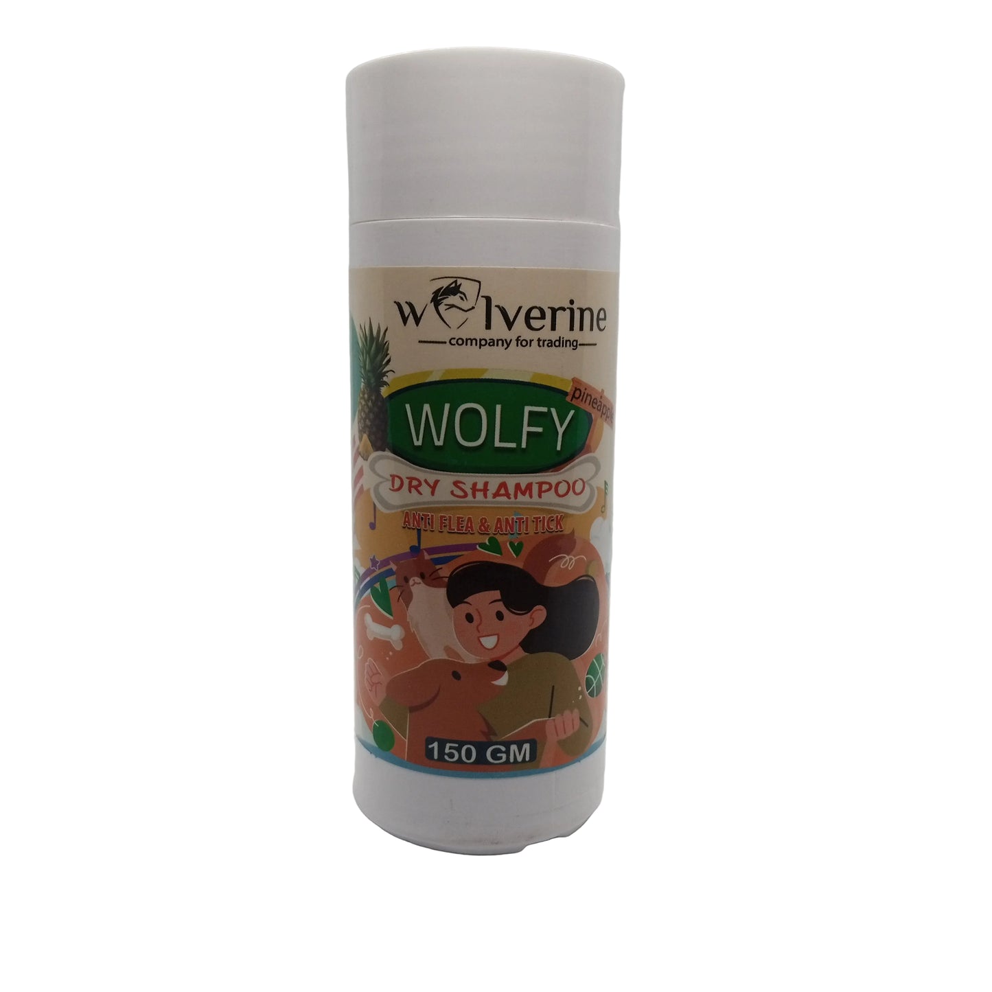 Wolfy dry shampoo bottle with colorful label on a white background
