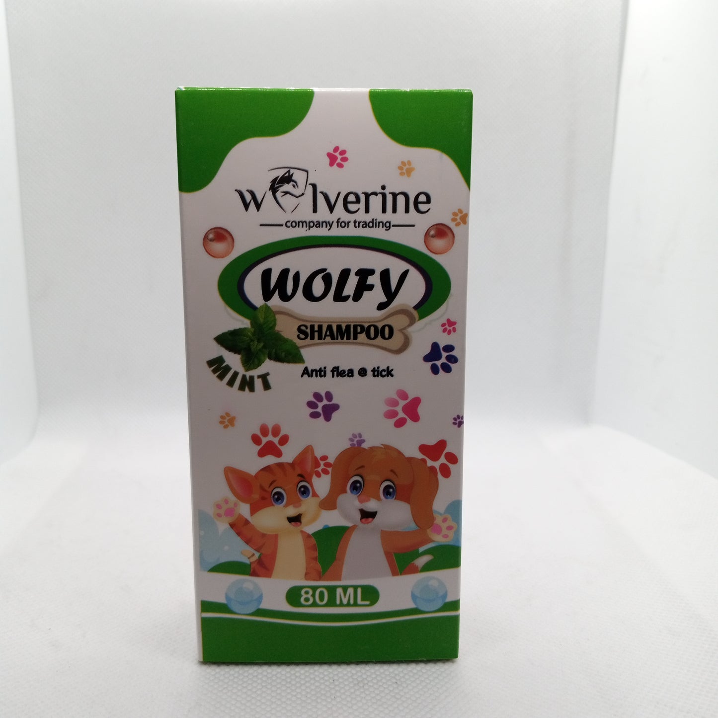 Box of Wolverine Wolfy Shampoo for pets on a white background