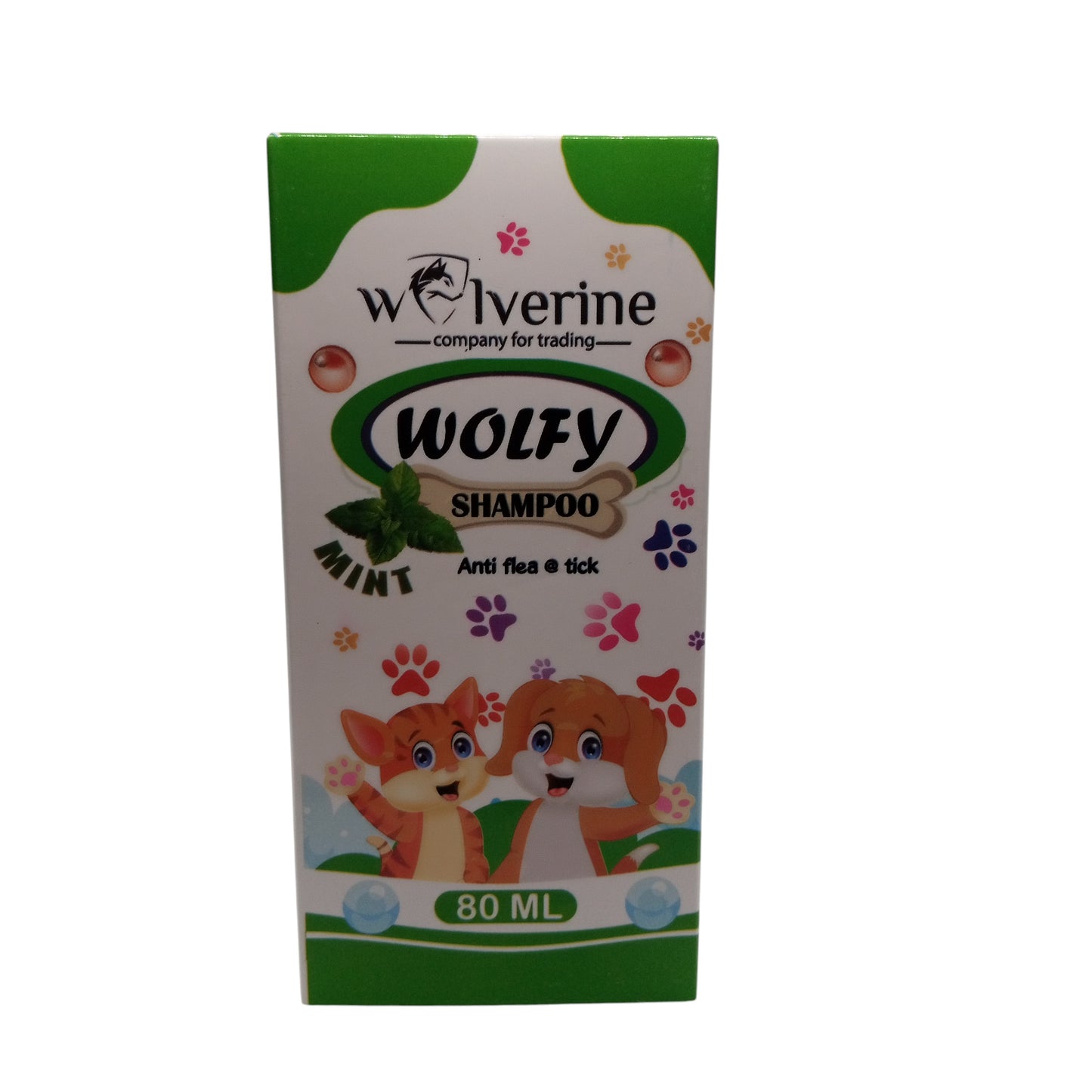 Box of Wolverine Wolfy Shampoo for pets on a white background