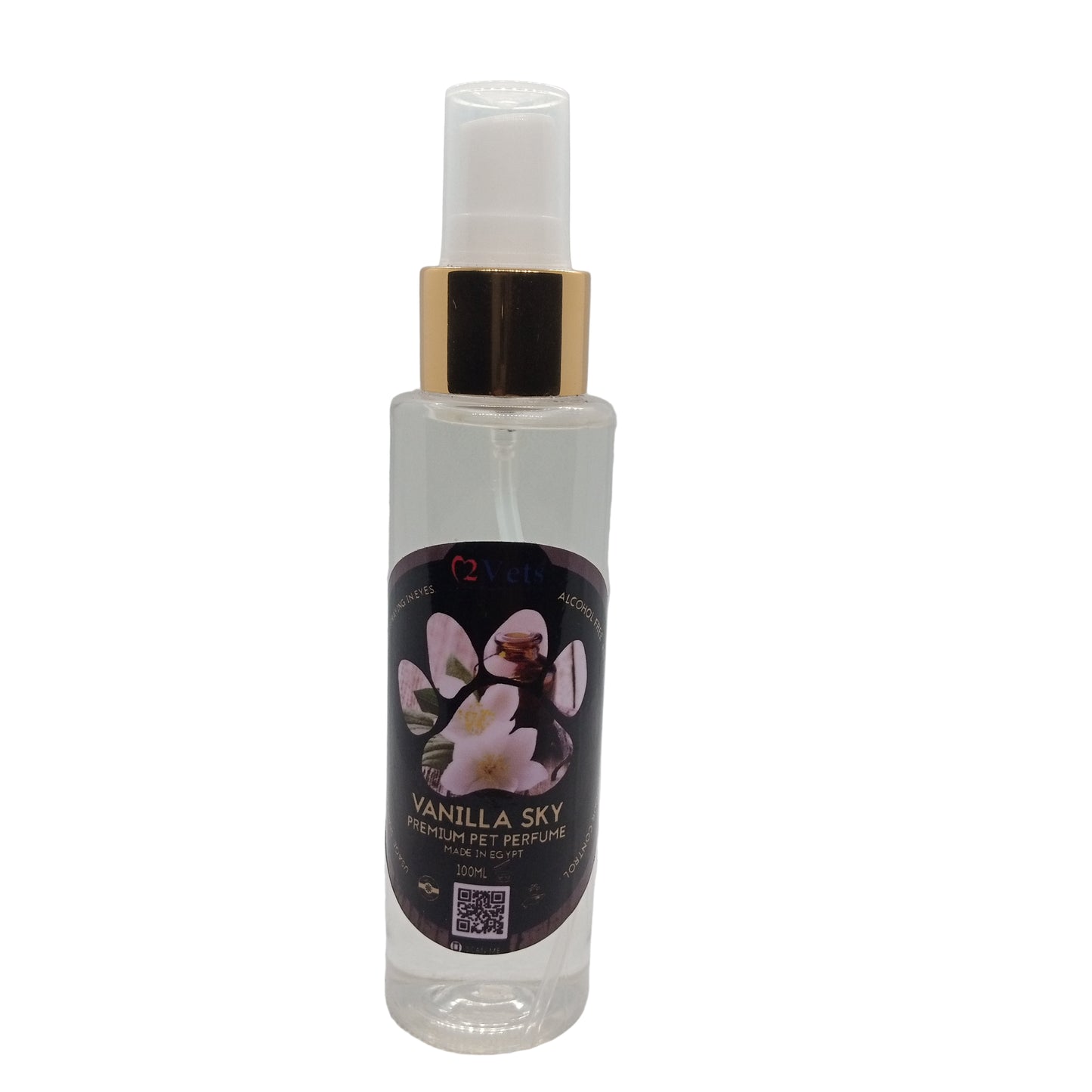 Vanilla Sky pet perfume bottle with gold cap on a white background
