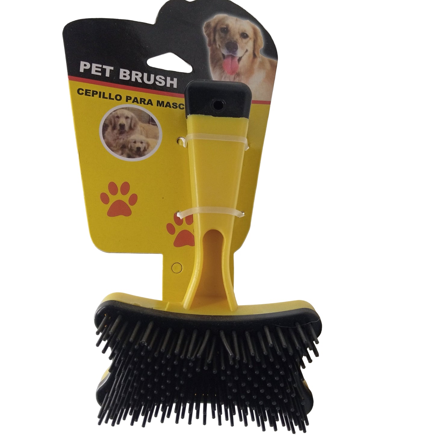 Pet brush with black bristles and yellow handle on a white background