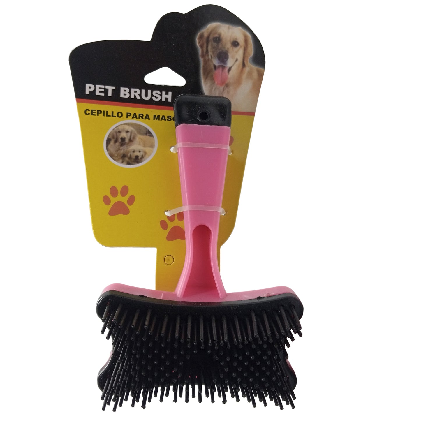Pink pet brush with black bristles on a white background