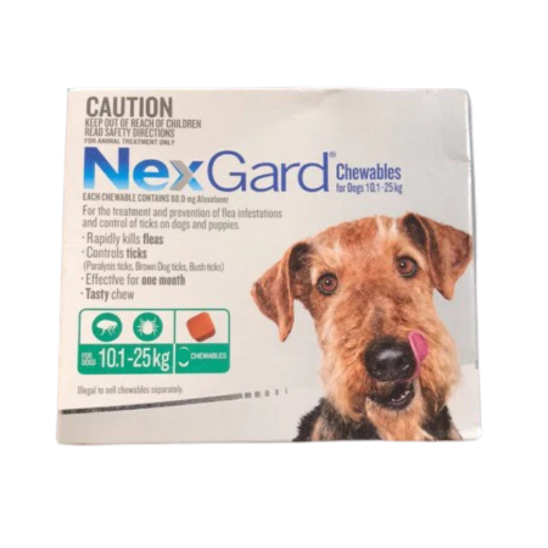 "NexGard chewable tablets for dogs – flea and tick prevention, monthly treatment"
"NexGard for dogs 10-25kg – chewable flea and tick prevention tablets"
"NexGard monthly flea and tick control chewable for large dogs"