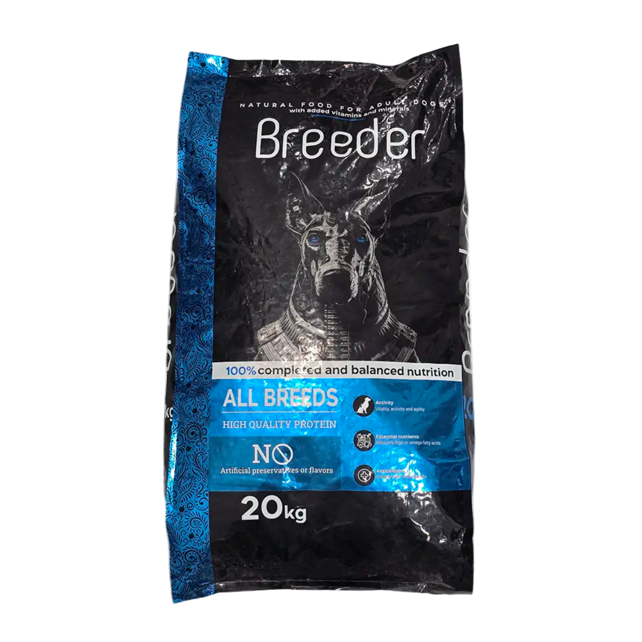 Bag of Breeder dog food for all breeds on a white background