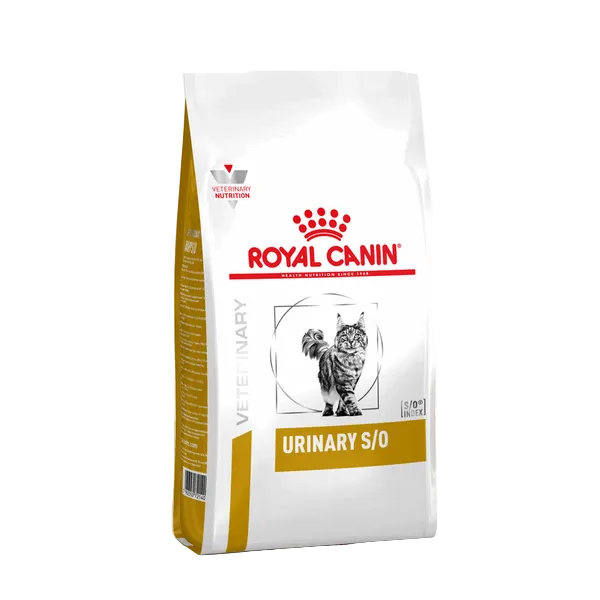 Royal Canin Veterinary Diet Urinary S/O cat food package on a white background