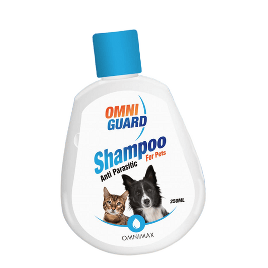 A bottle of OMNIGUARD shampoo designed for pets, with a label featuring an image of a dog and a cat, and text indicating it is an anti-parasitic shampoo in a 250 ml bottle.