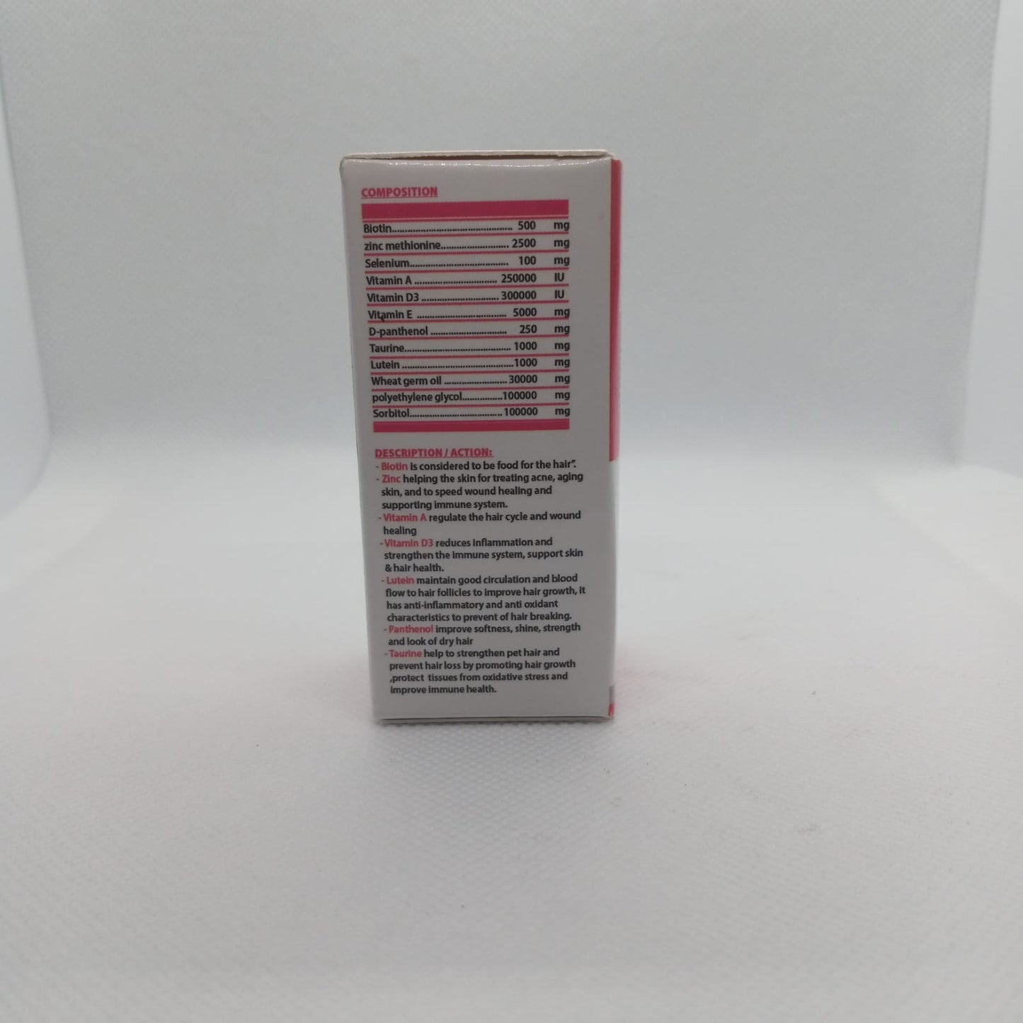 Supplement box with nutritional information on a white background