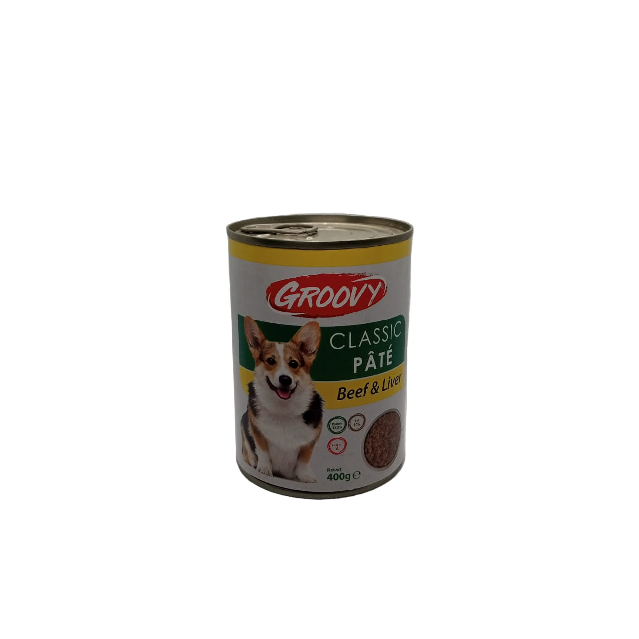 Can of Groovy Classic Pate Beef & Liver dog food on a white background