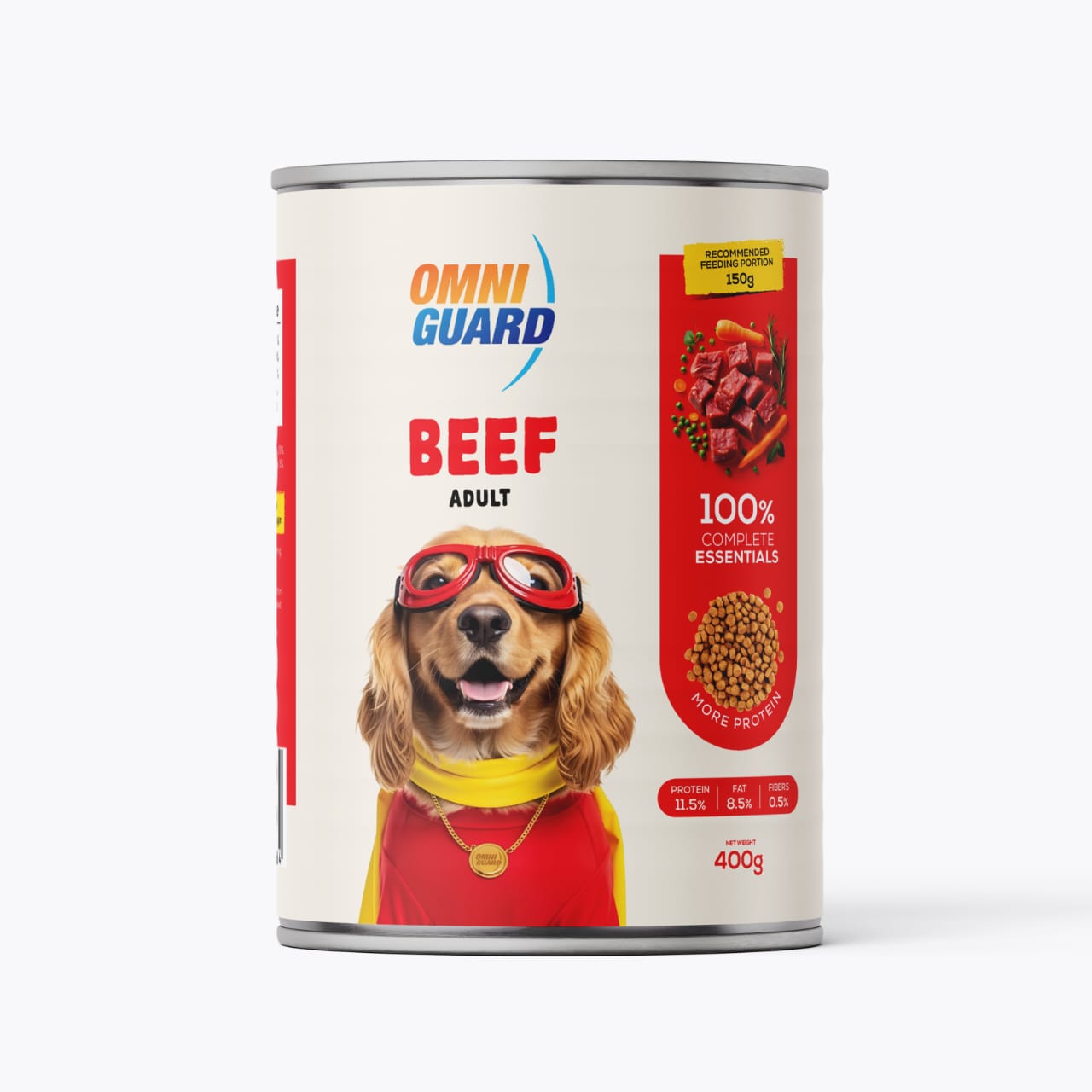 Can of Omni Guard Beef Adult dog food on a white background
