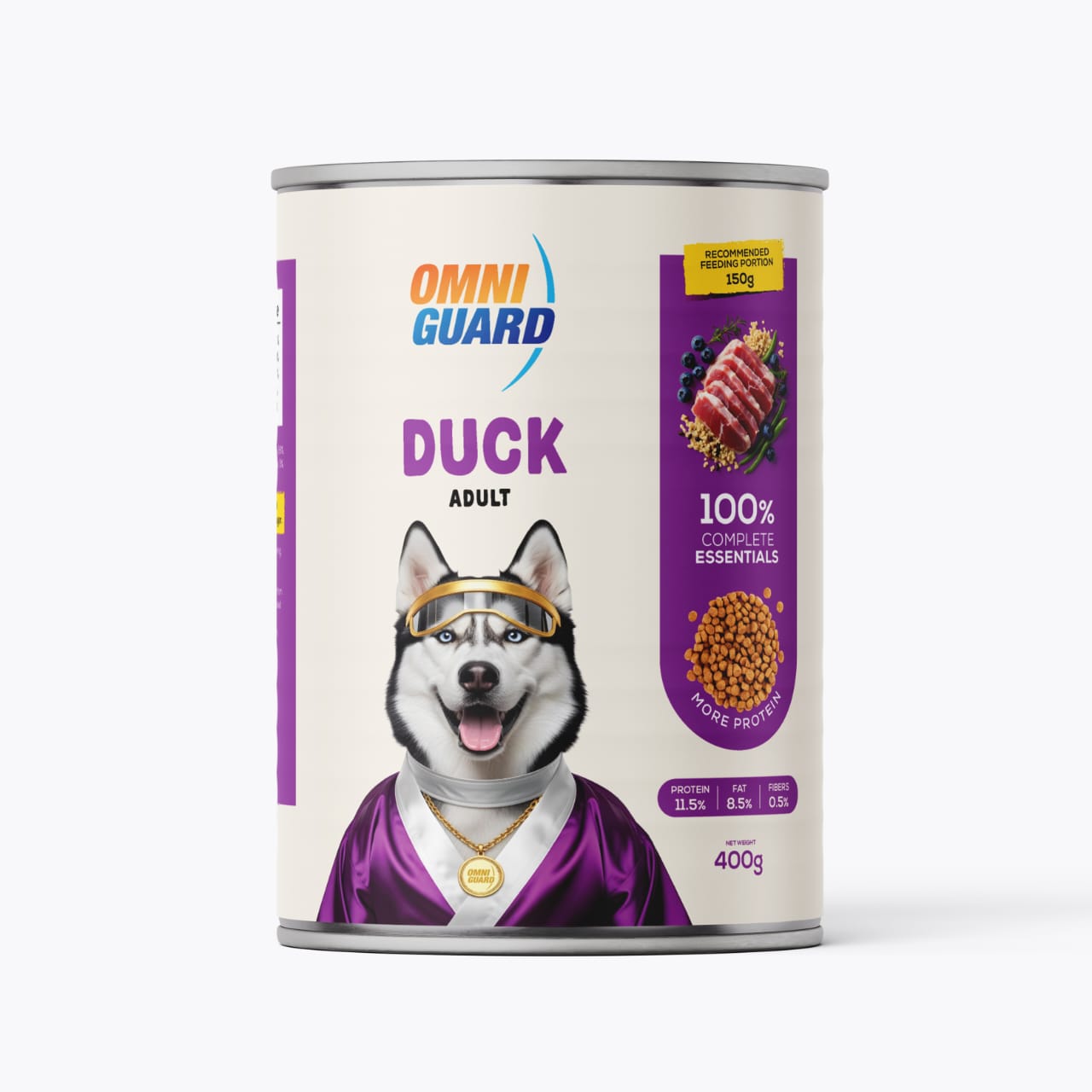 Can of Omni Guard Duck Adult dog food with a dog on the label against a white background