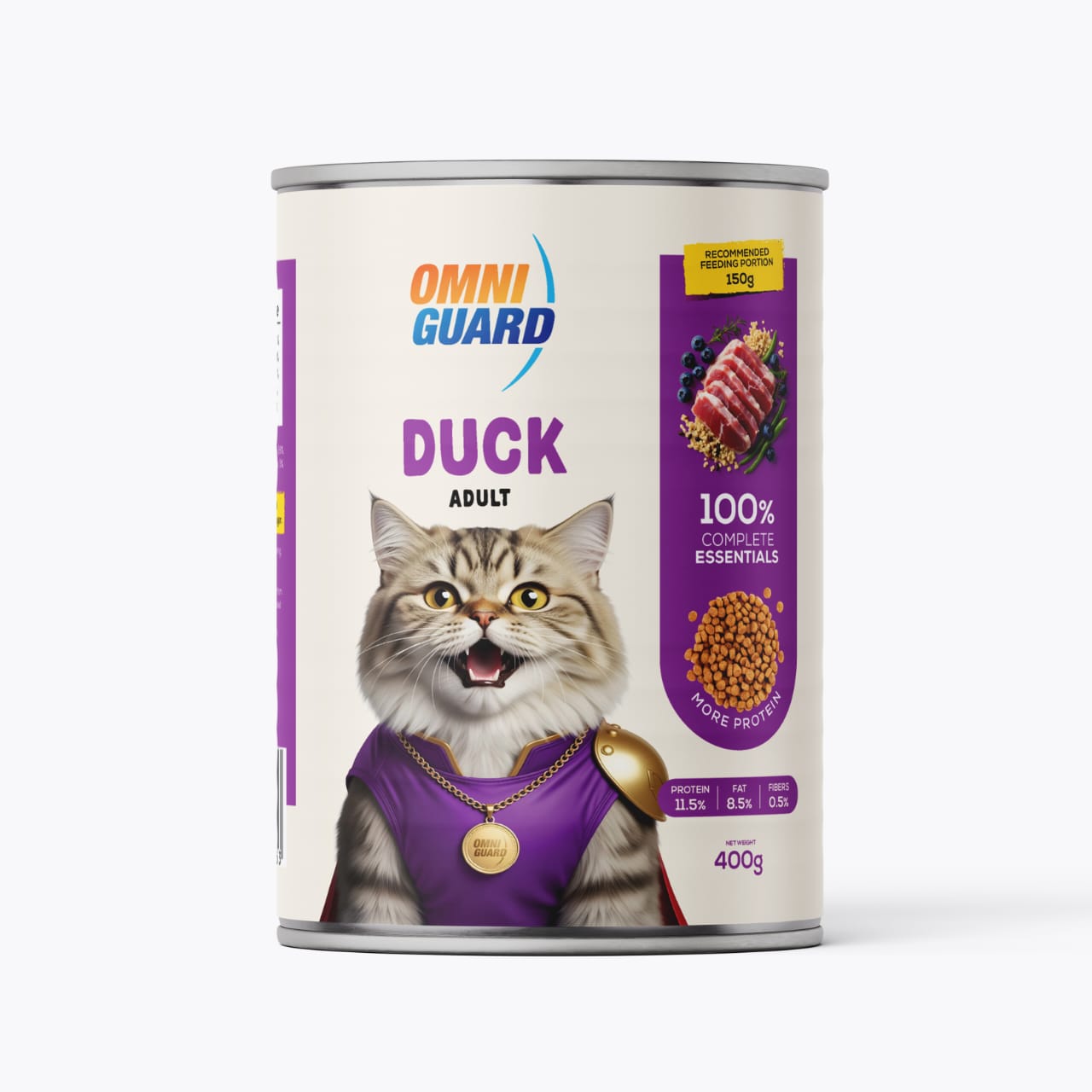Cat food canister with Omni Guard branding and a cat wearing a purple outfit on a white background