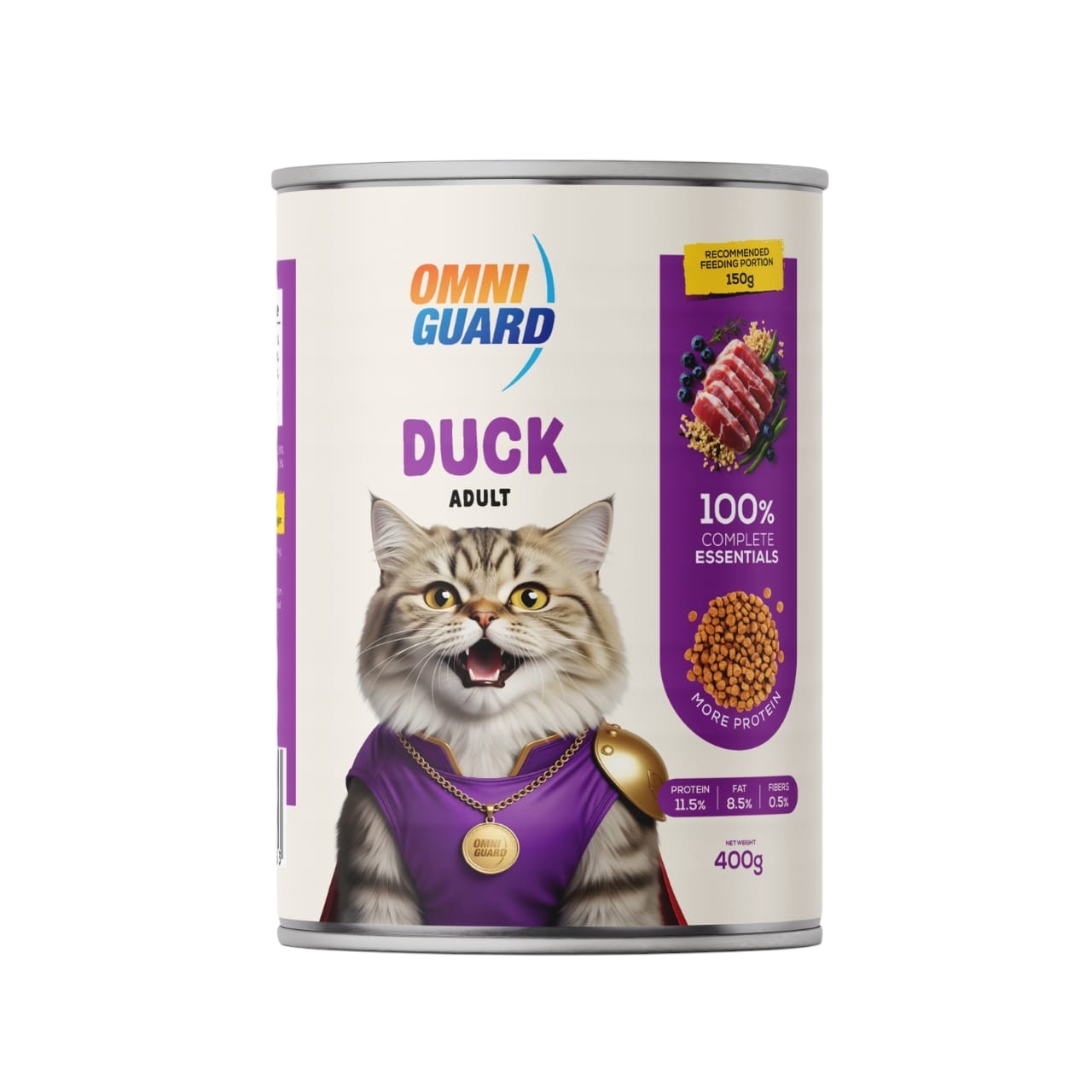 Cat food canister with Omni Guard branding and a cat wearing a purple outfit on a white background