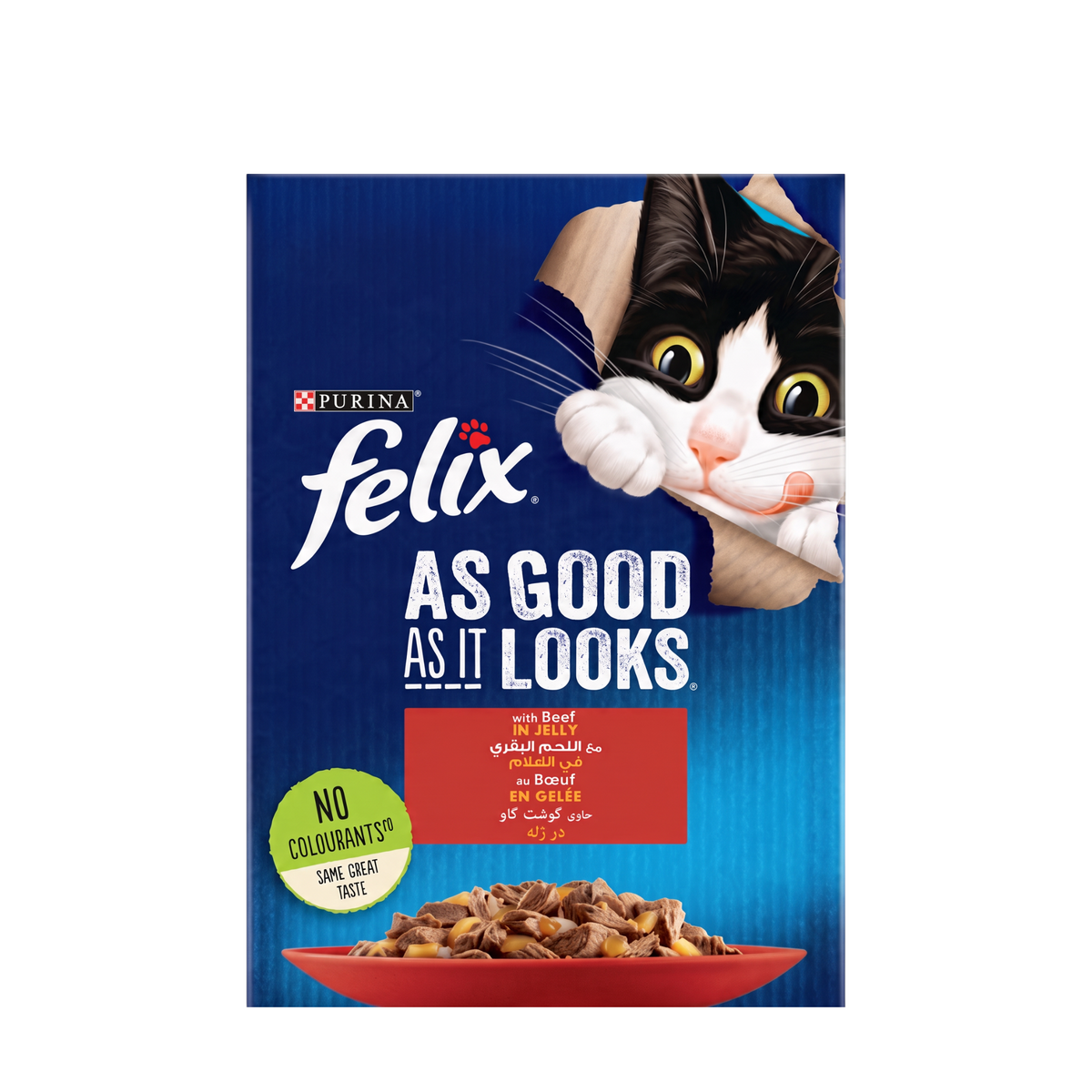 PetFriend Felix wet cat food pouch with beef in jelly, featuring a playful cat graphic on a blue background.