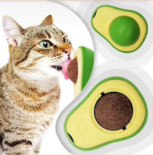 Cat playing with an avocado-shaped toy