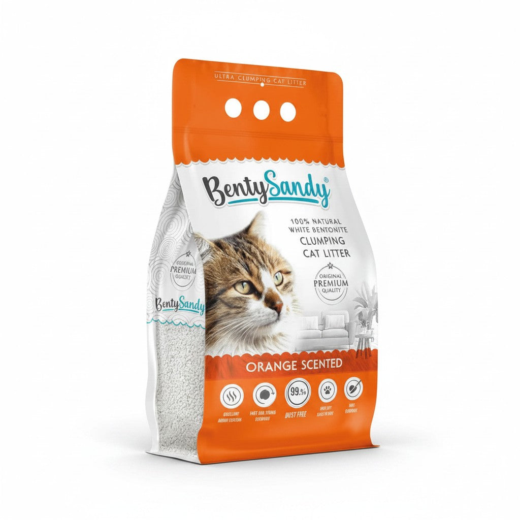 PetFriend Benty Sandy orange scented clumping cat litter in a 10L bag made from natural white bentonite.