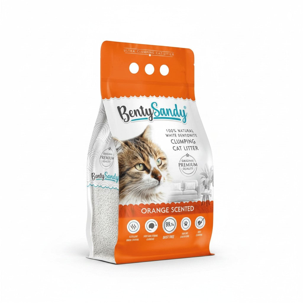 PetFriend BentySandy orange scented clumping cat litter in a 5L bag featuring white bentonite clay