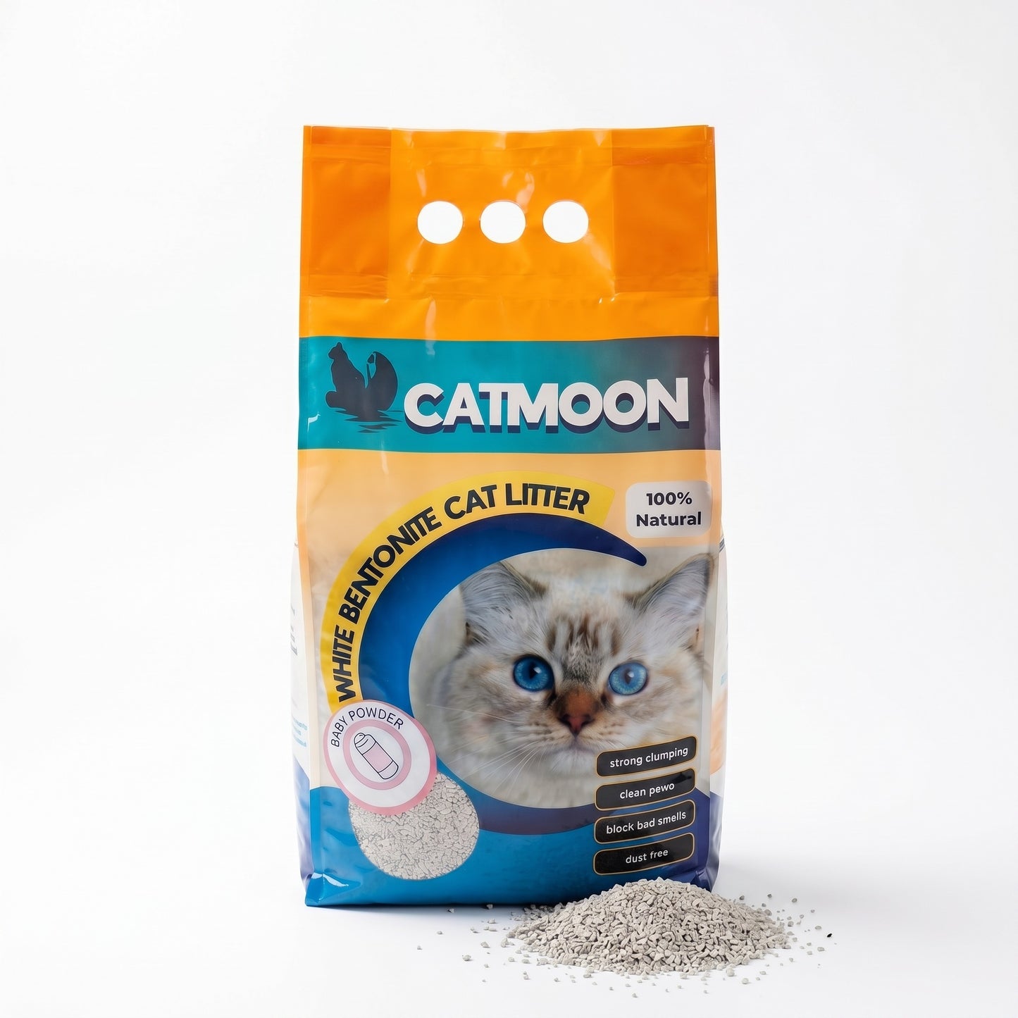 PetFriend Cat Moon baby powder scented clumping white bentonite cat litter in a 10L bag