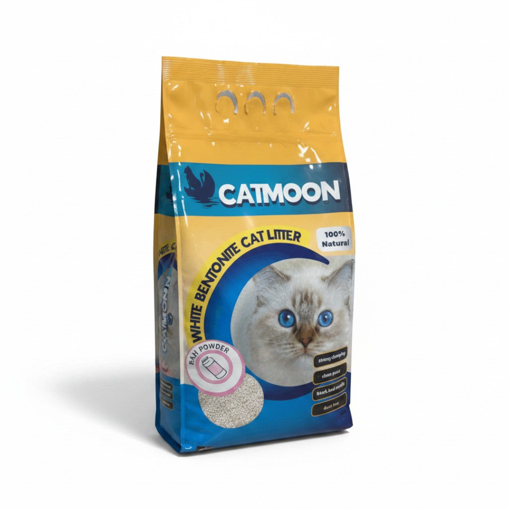 PetFriend CATMOON baby powder scented clumping white bentonite cat litter in a 5L bag