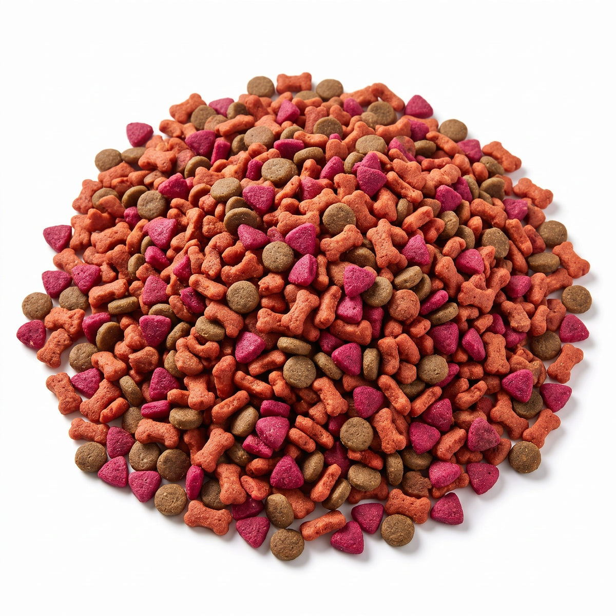 PetFriend Compy dry cat food kibble in assorted brown, red, and pink shapes for balanced adult cat nutrition.