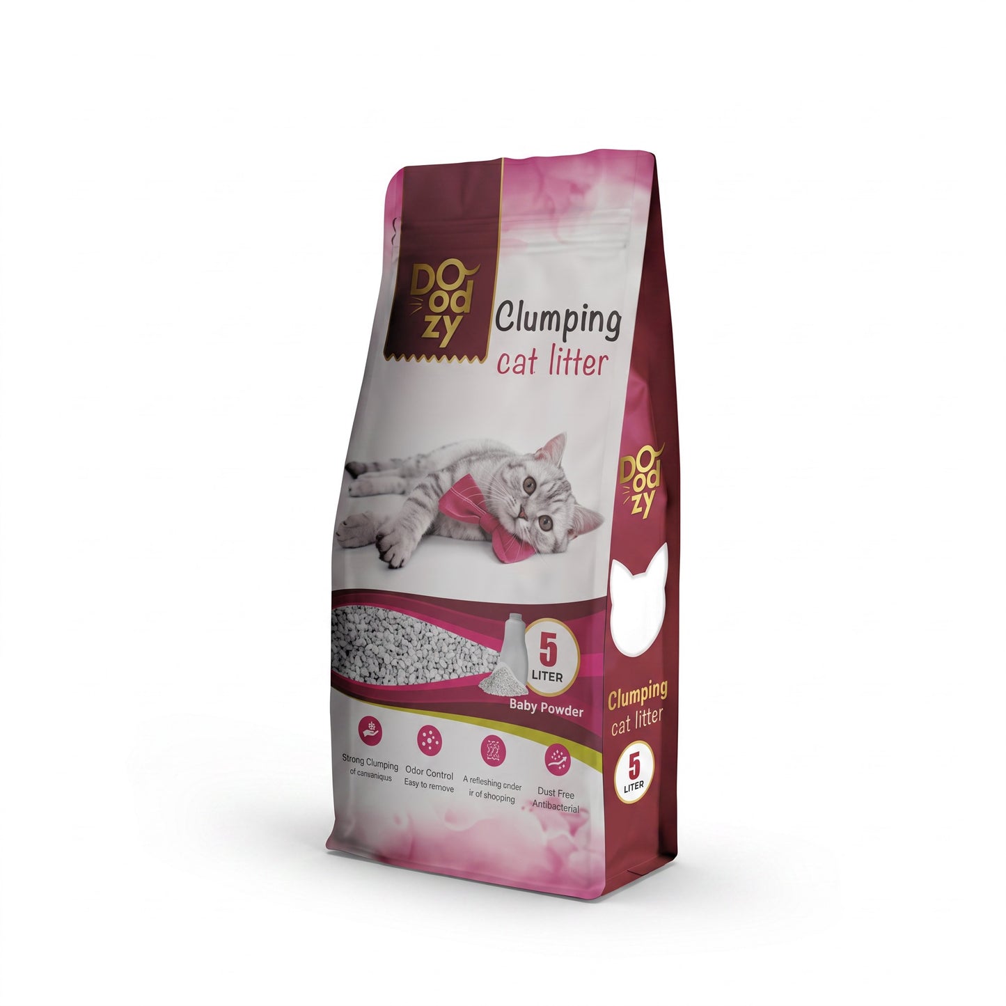 PetFriend Doodzy baby powder scented clumping white bentonite cat litter in a 5L bag with a cat illustration