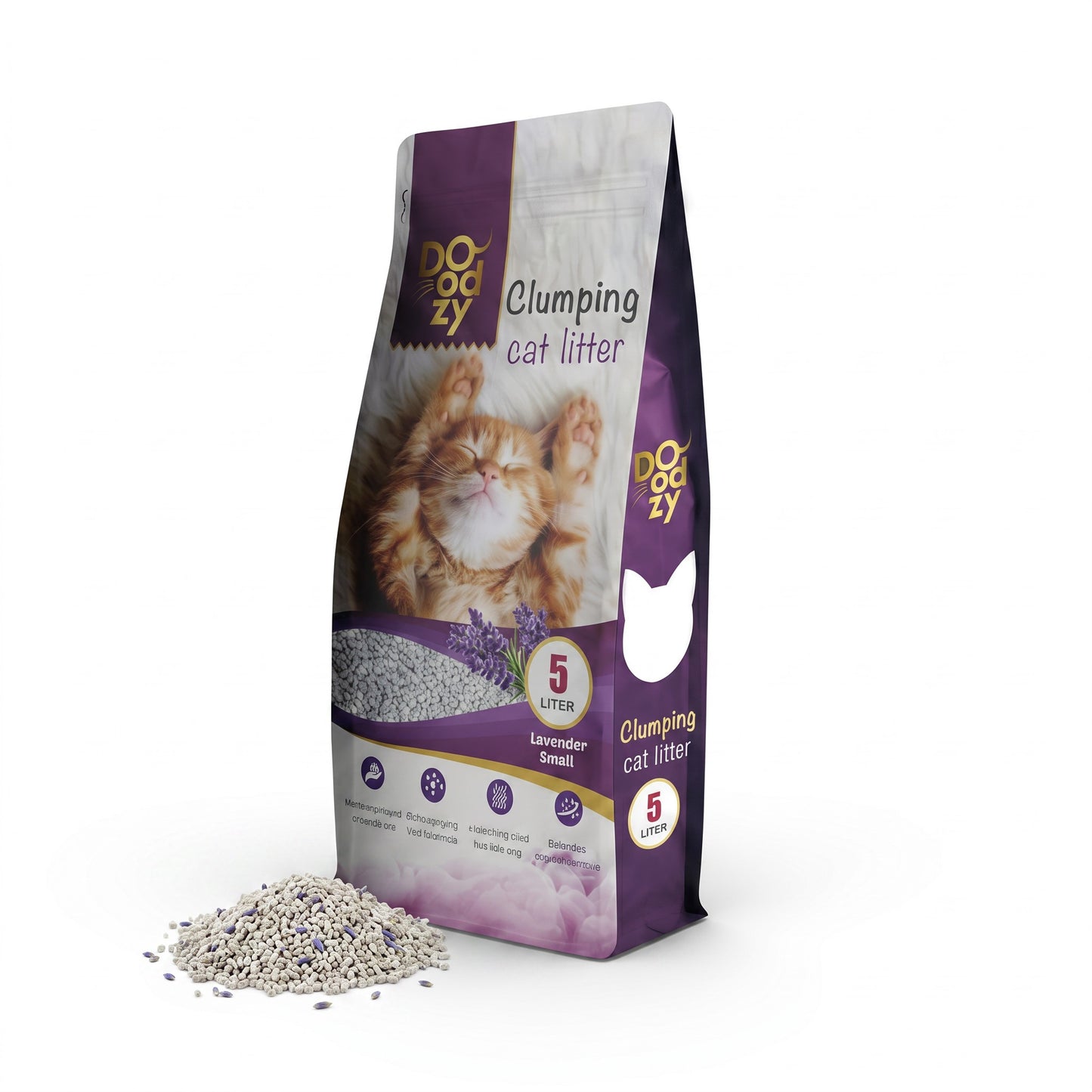 PetFriend Doodzy lavender scented clumping white bentonite cat litter in a 5L bag with a pile of litter in front.