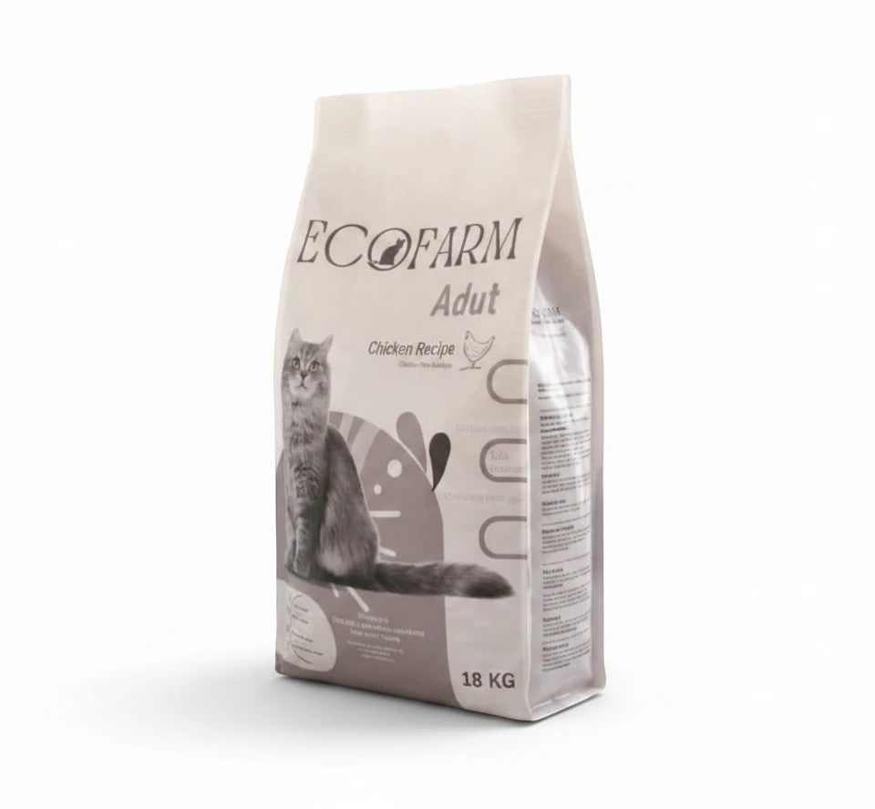 PetFriend EcoFarm adult cat dry food in a large 18kg poultry flavor bag with a cat illustration on the front