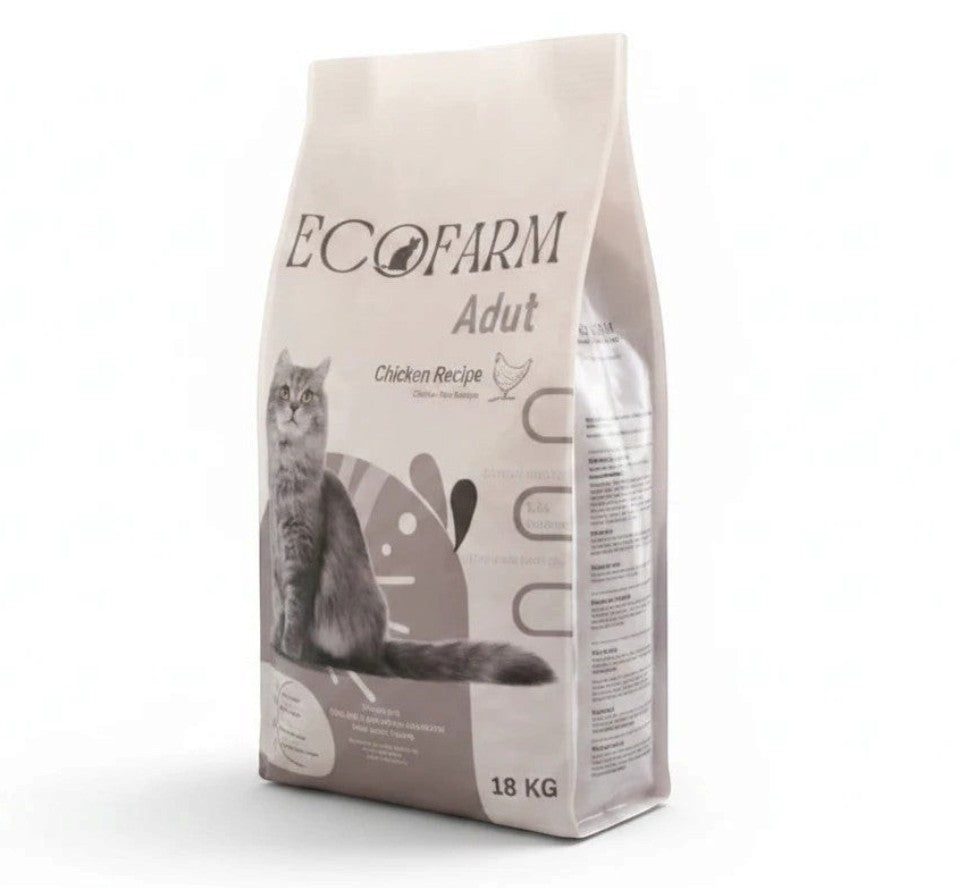 PetFriend EcoFarm adult cat dry food in a large 18kg poultry flavor bag with a cat illustration on the front