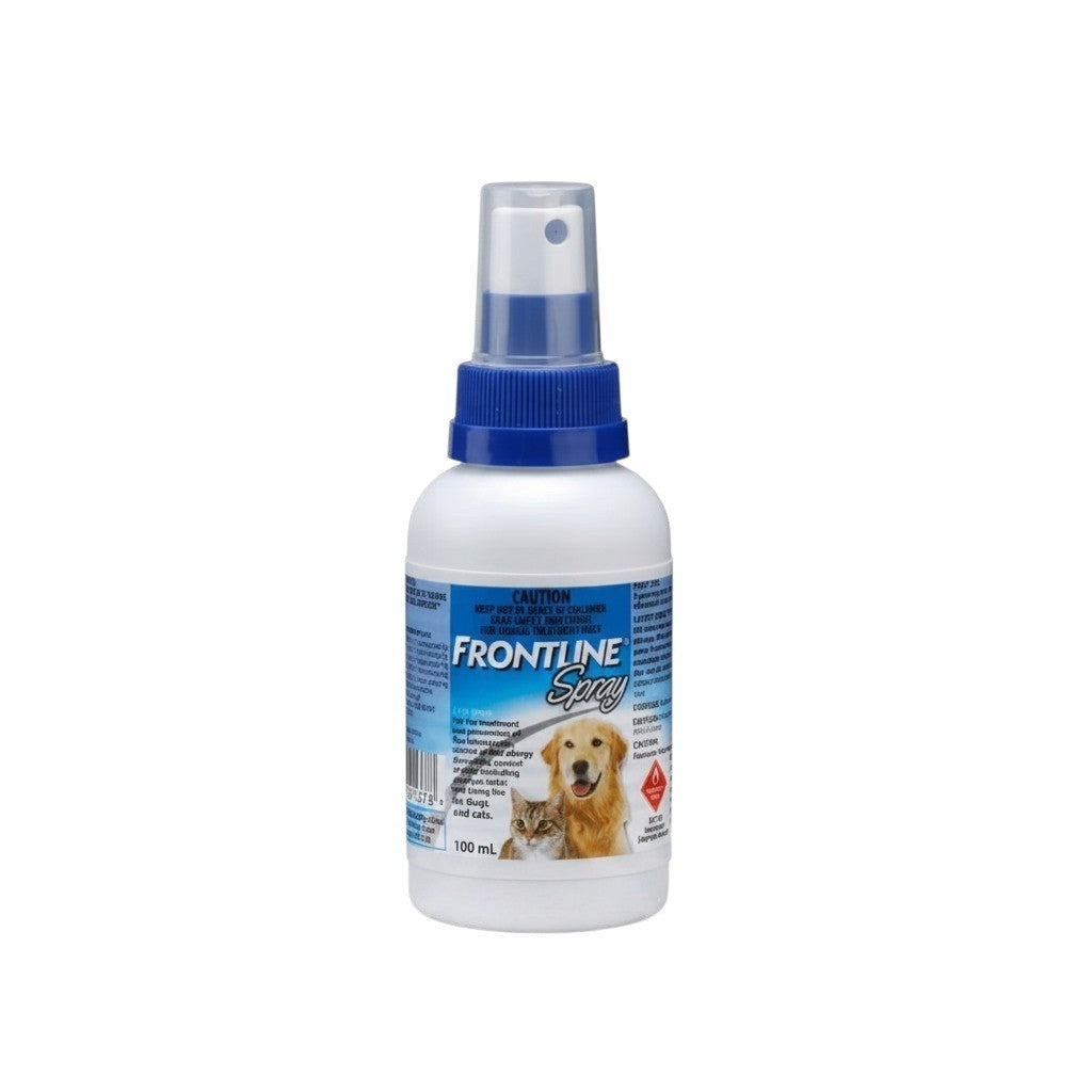 PetFriend Frontline flea and tick spray for dogs and cats in a 100ml white bottle with a blue pump spray nozzle.